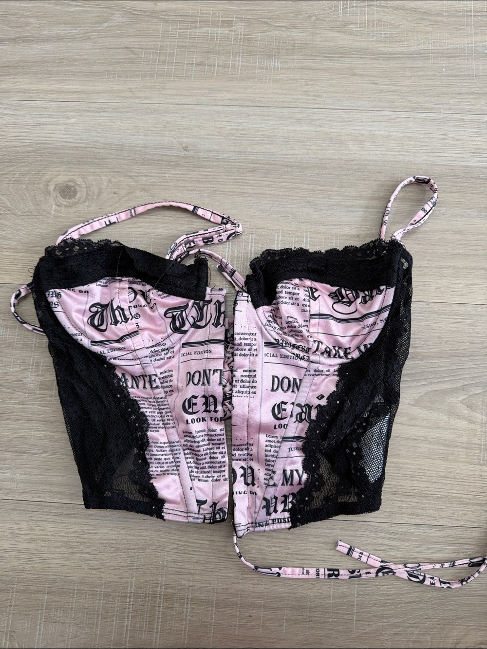 Edikted Pink Newspaper Print Lace Bustier Top
